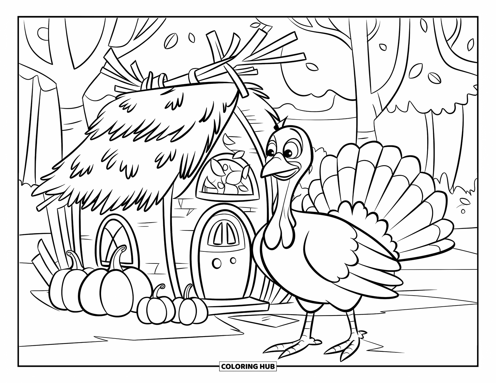 Turkey Coloring Page for Kids: A turkey stands near a tiny stick house with autumn trees in the background