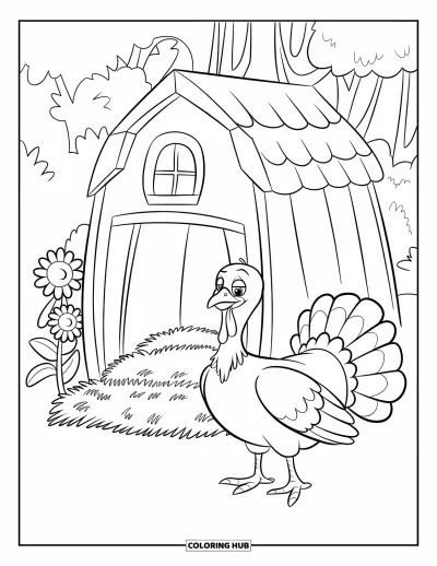 Coloriage de dindes pour enfants : Une dinde se tient à côté d'une petite grange et d'un coin ensoleillé de tournesols