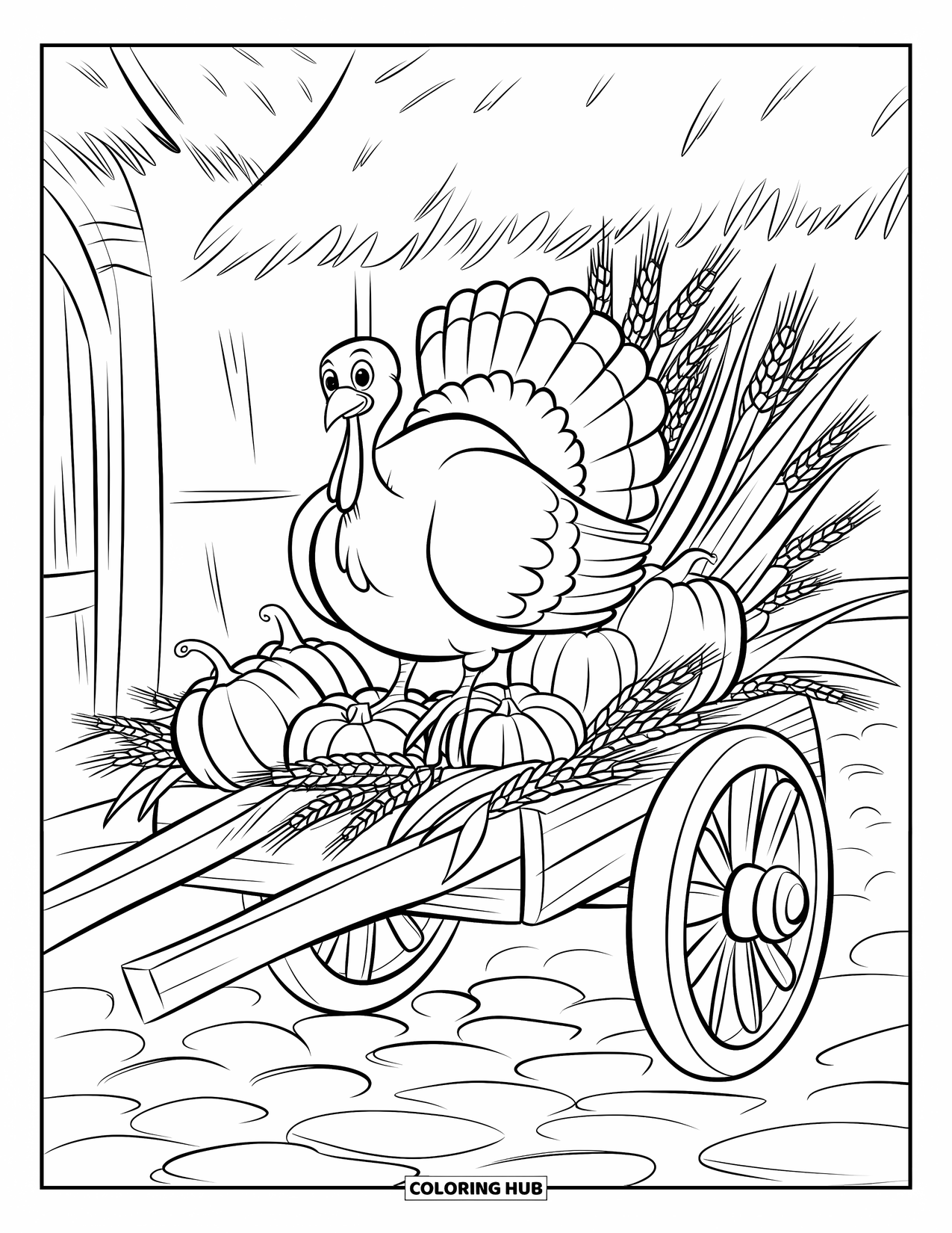 Turkey Coloring Page for Kids: A turkey stands on a harvest cart filled with pumpkins, corn, and wheat