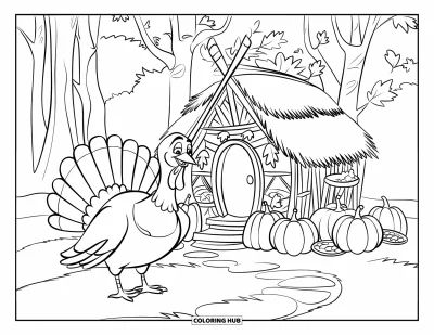 Coloriage de dindes pour enfants : Une dinde se tient fièrement près d'une petite maison entourée de citrouilles et de grands arbres