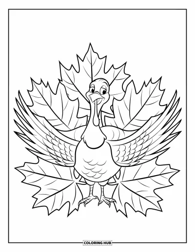 Coloriage de dindes pour enfants : Une dinde à caroncule rouge déploie ses ailes près de feuilles d'érable détaillées