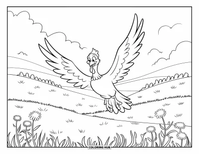 Coloriage de dindes pour enfants : Une dinde à la tête orange vole au-dessus d'une herbe douce et de fleurs violettes
