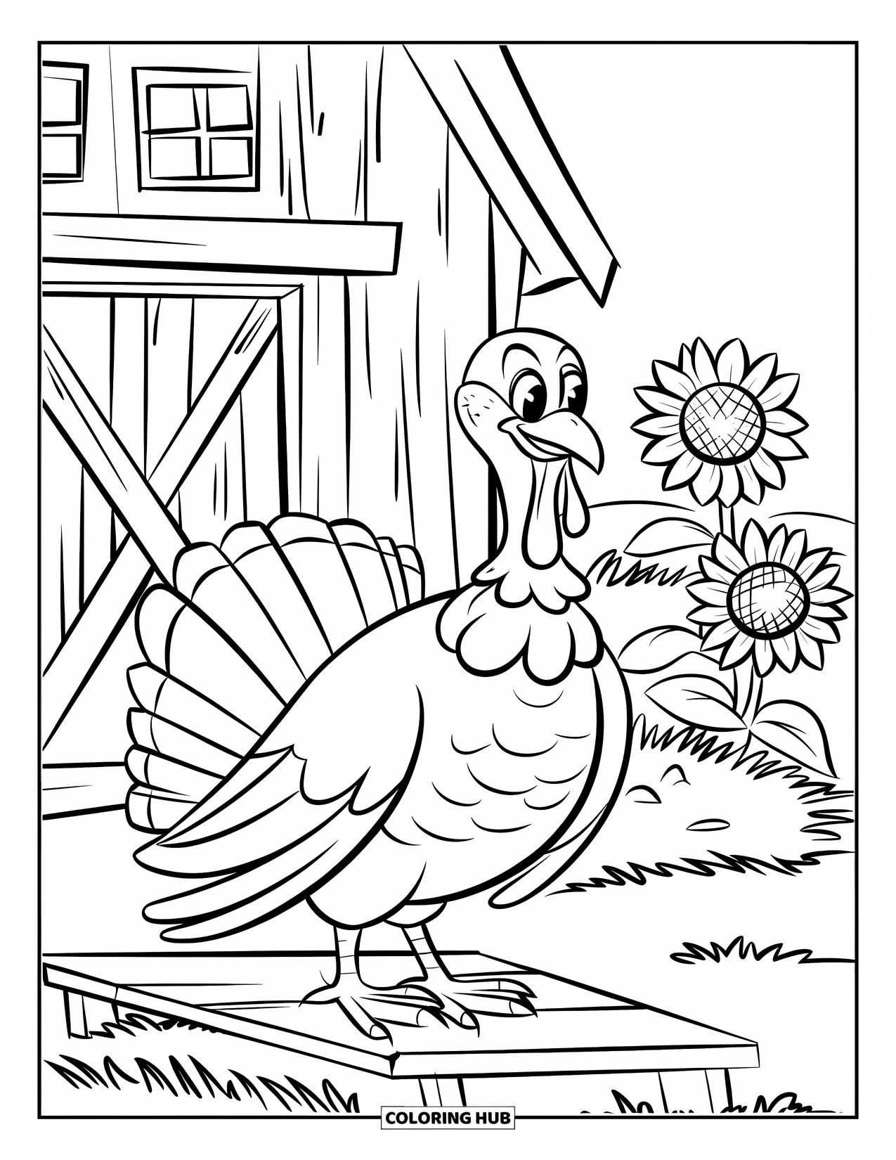 Turkey Coloring Page for Kids: A turkey with bold feathers stands on a plank near a barn and sunflowers
