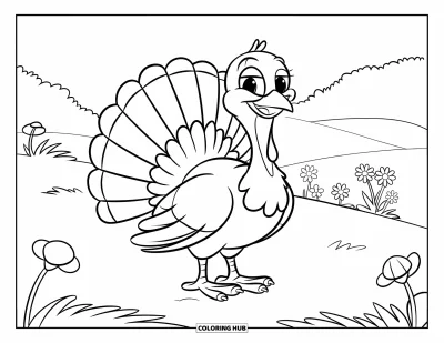 Coloriage de dindes pour enfants : Une dinde aux jolis yeux se tient sur l'herbe, avec des fleurs et des collines à proximité