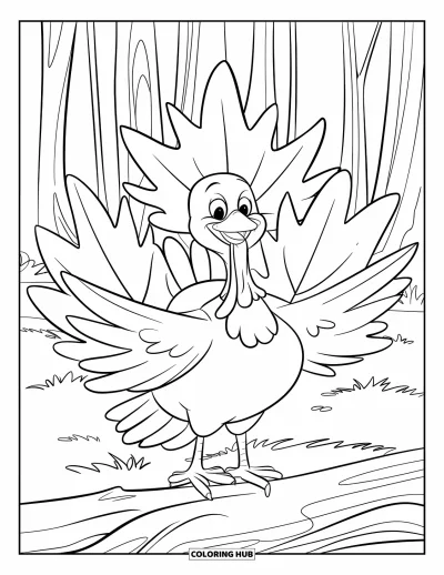 Coloriage de dindes pour enfants : Une dinde aux ailes ouvertes se tient sur une bûche entourée de feuilles d'érable