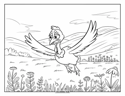 Coloriage de dindes pour enfants : Une dinde inquiète en chemise vole au-dessus de fleurs sauvages en fleurs et de collines ondulantes