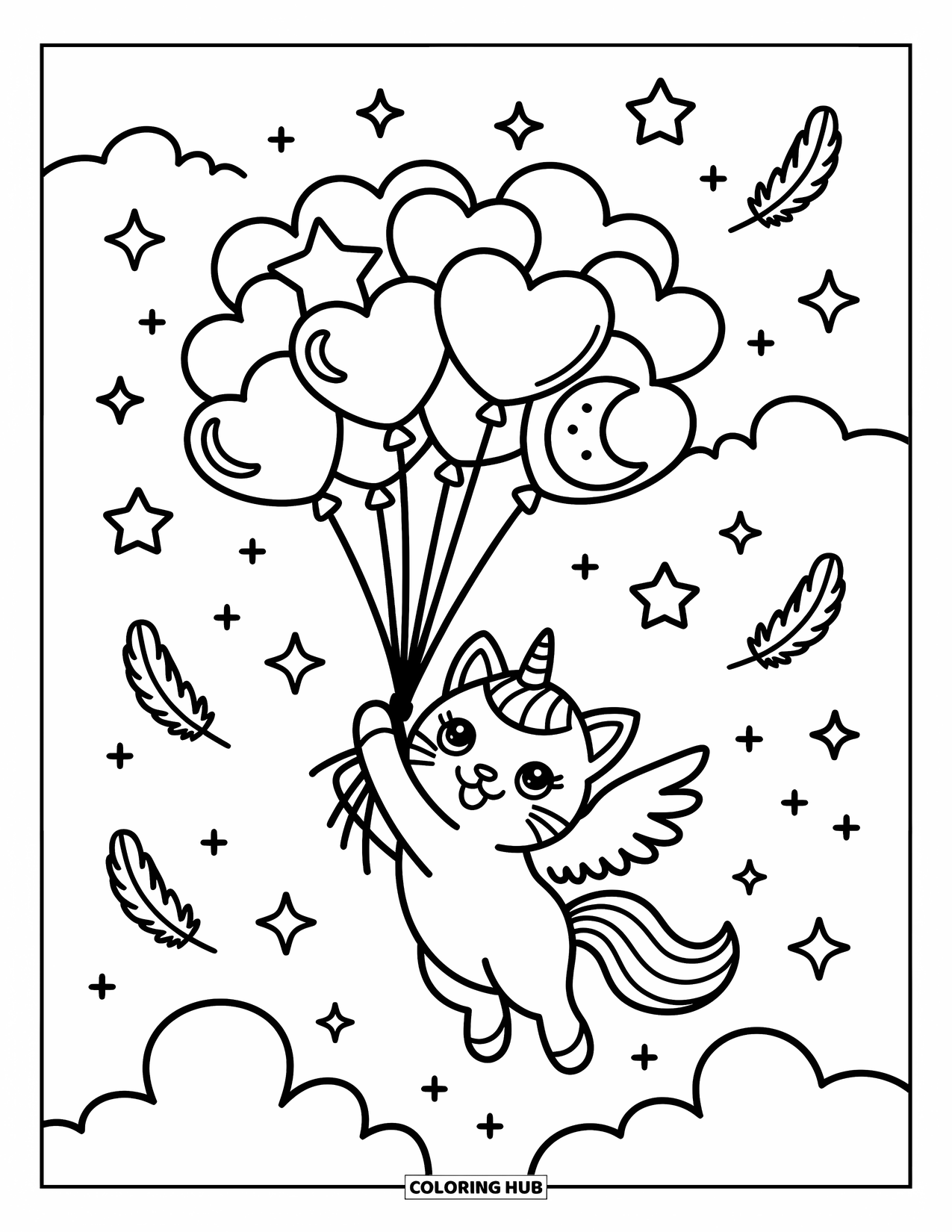Unicorn Cat Coloring Page for Adults: Unicorn cat drifts midair with magical balloons and fluttering feathers