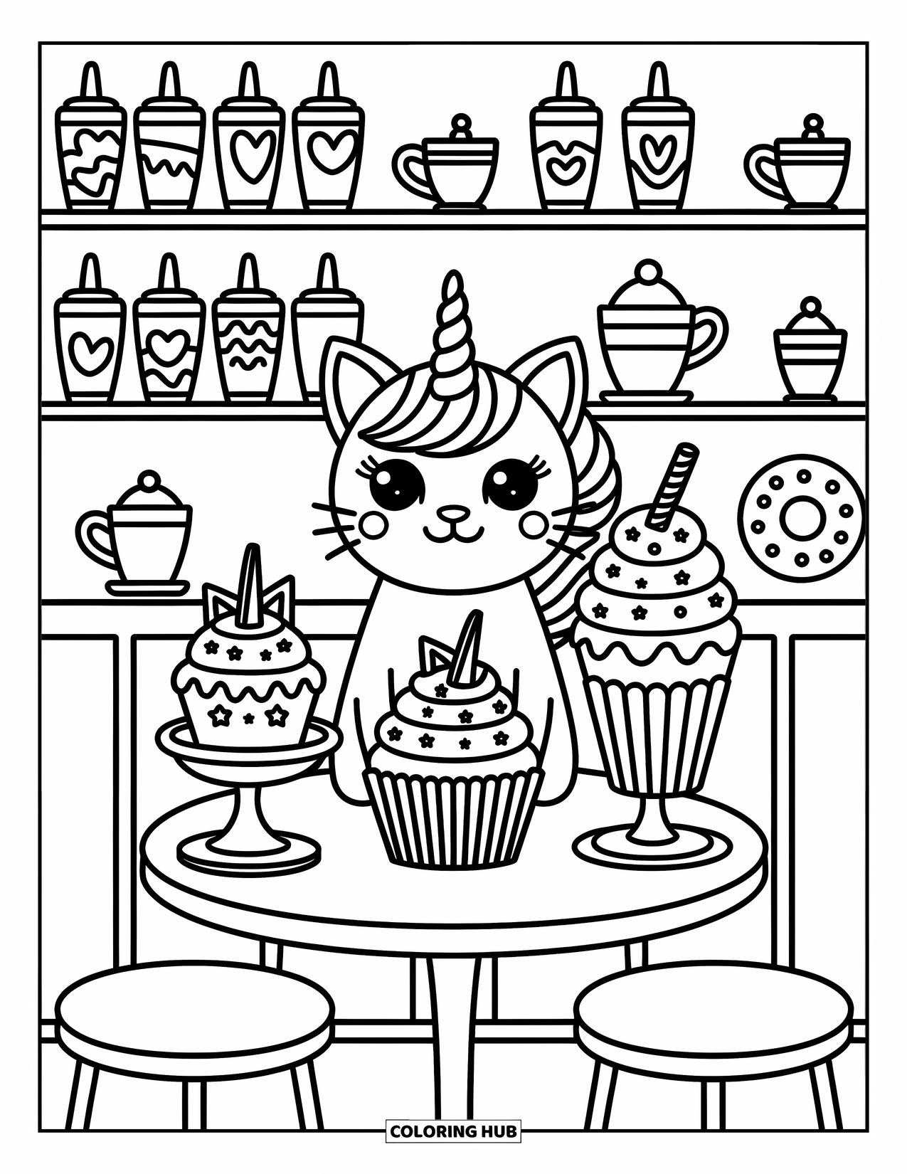 Unicorn Cat Coloring Page for Adults: Unicorn cat enjoys sweets at a cozy café filled with treats and teacups