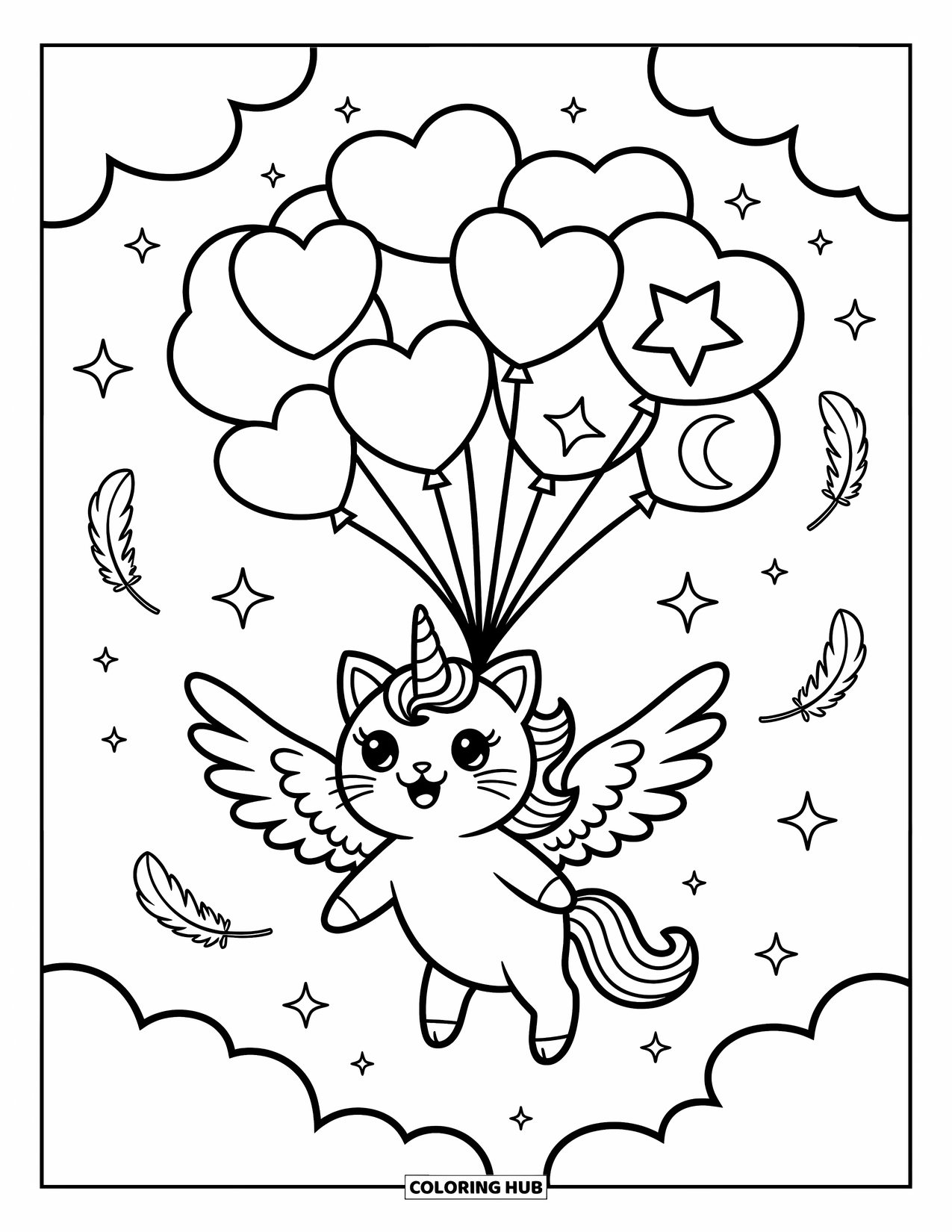 Unicorn Cat Coloring Page for Adults: Unicorn cat floats holding heart, star, and moon balloons in a sparkly sky