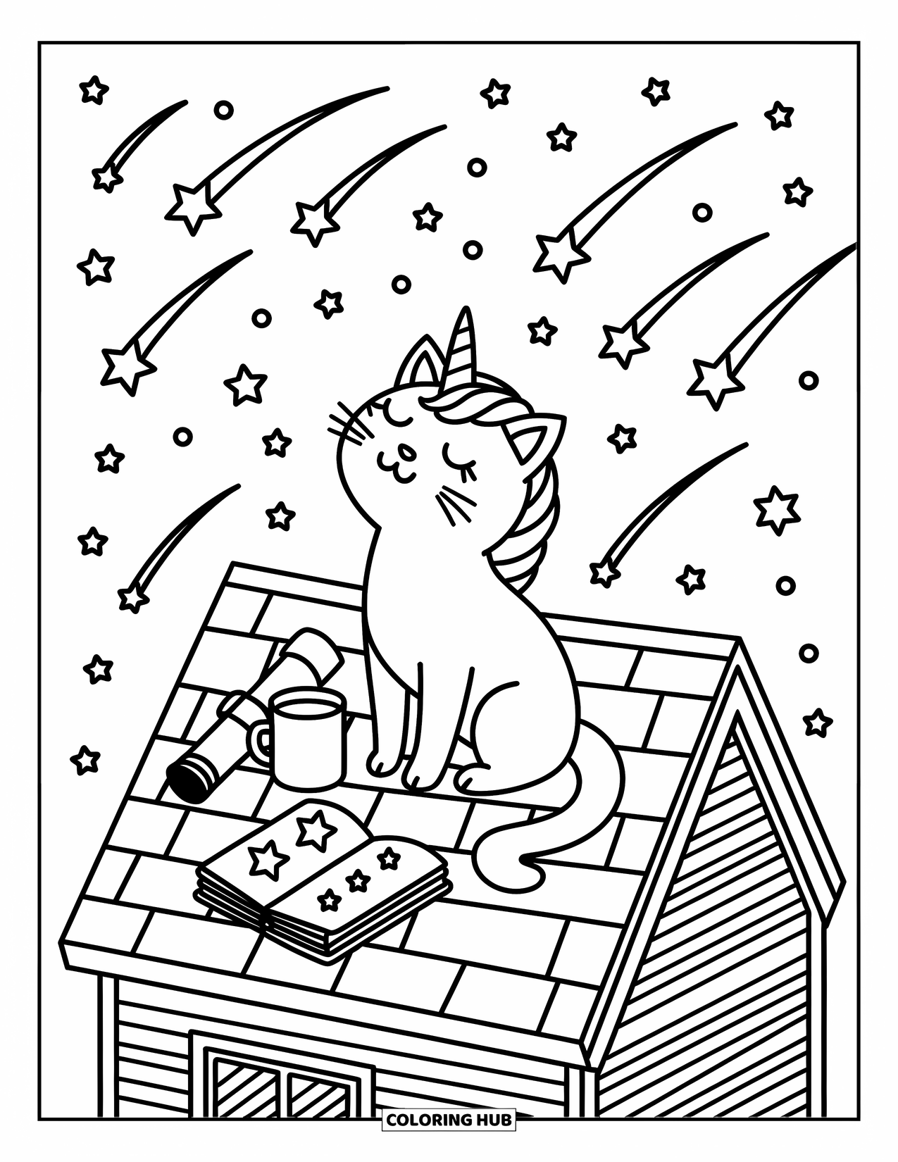 Unicorn Cat Coloring Page for Adults: Unicorn cat gazes at stars from a rooftop with a telescope and cozy drink