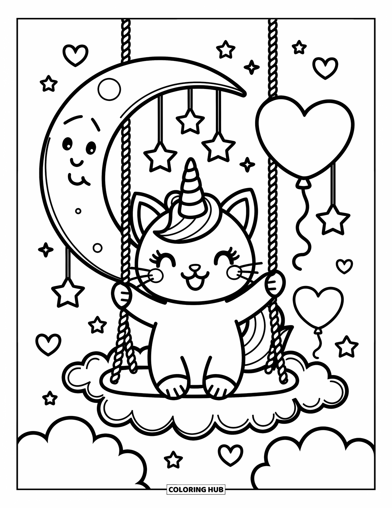 Unicorn Cat Coloring Page for Adults: Unicorn cat joyfully swings from a crescent moon with stars and heart balloons around