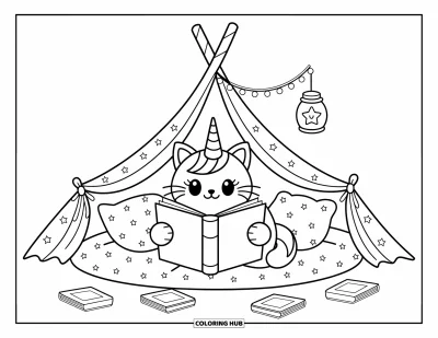 Coloriage de chats licornes pour adultes : Un chats licornes se détend dans une tente avec un livre, des coussins et une lanterne allumée