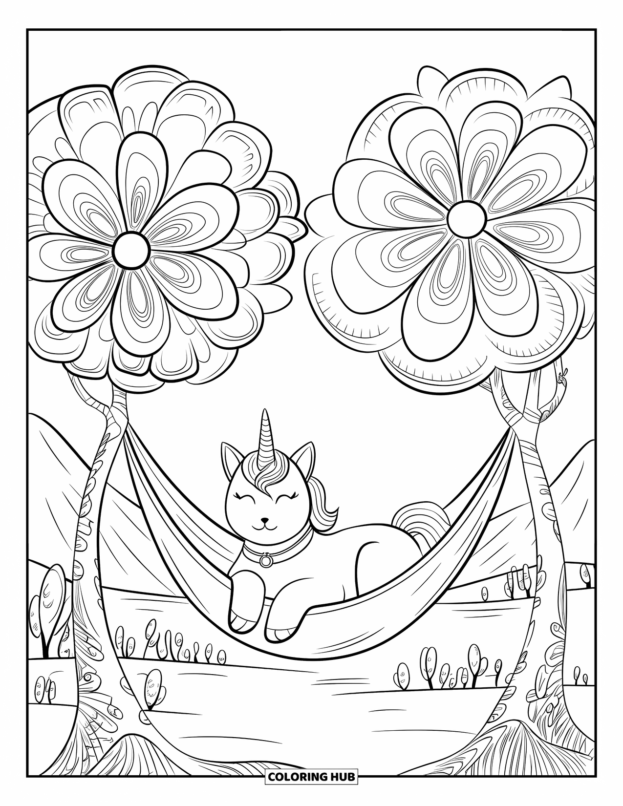 Unicorn Cat Coloring Page for Adults: Unicorn cat naps in a hammock between magical flowering trees with swirling designs