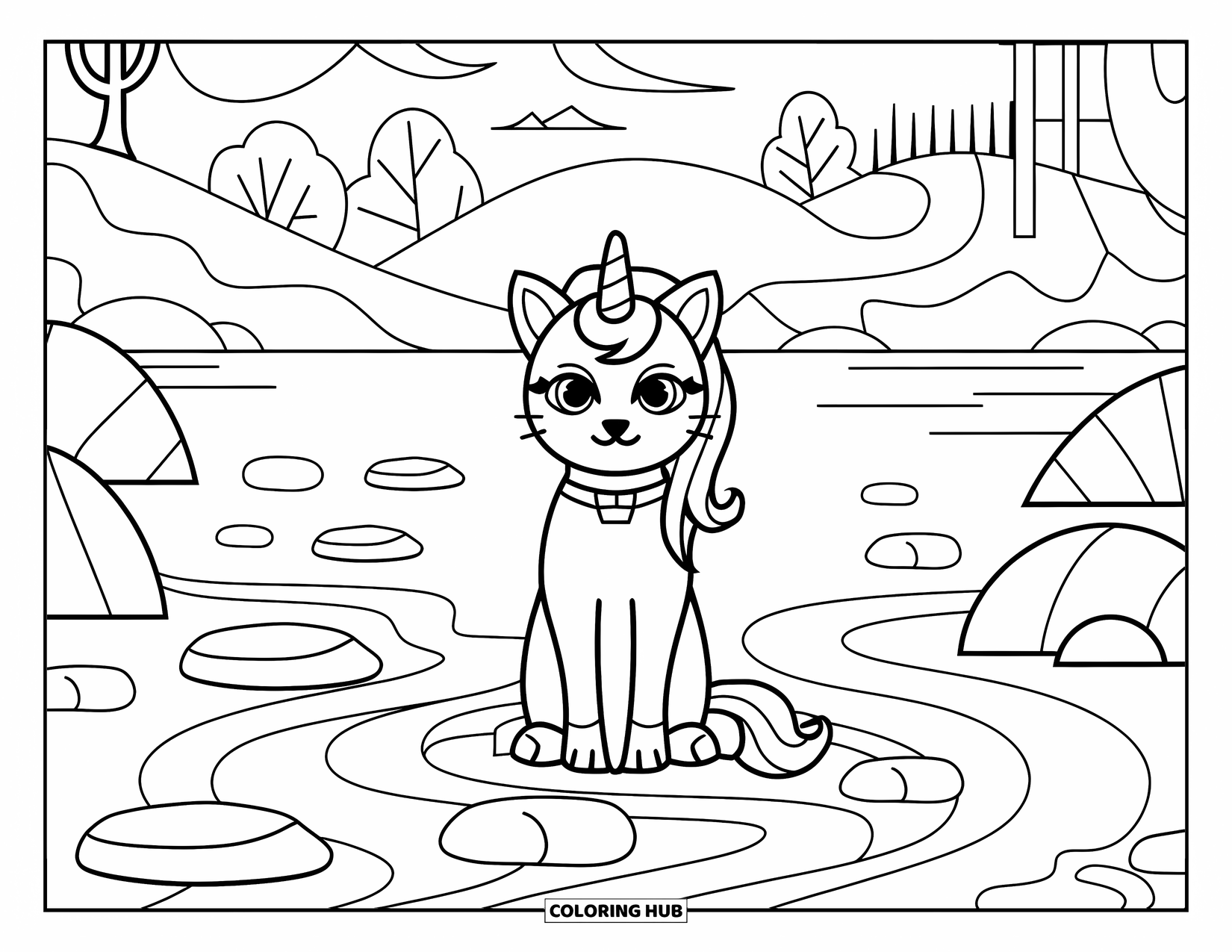 Unicorn Cat Coloring Page for Adults: Unicorn cat relaxes in a tranquil garden with flowing patterns and peaceful mountains nearby