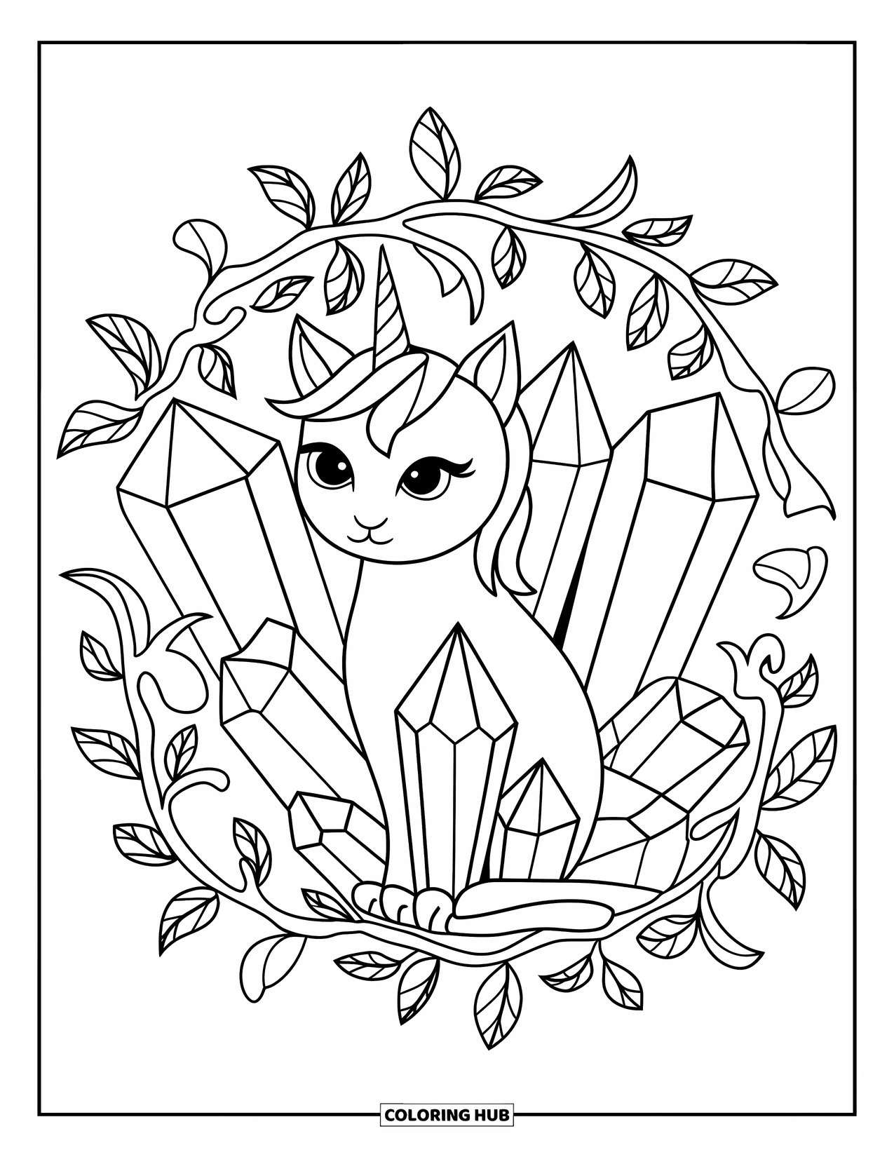 Unicorn Cat Coloring Page for Adults: Unicorn cat rests inside a circle of crystals and vines in a calm mandala