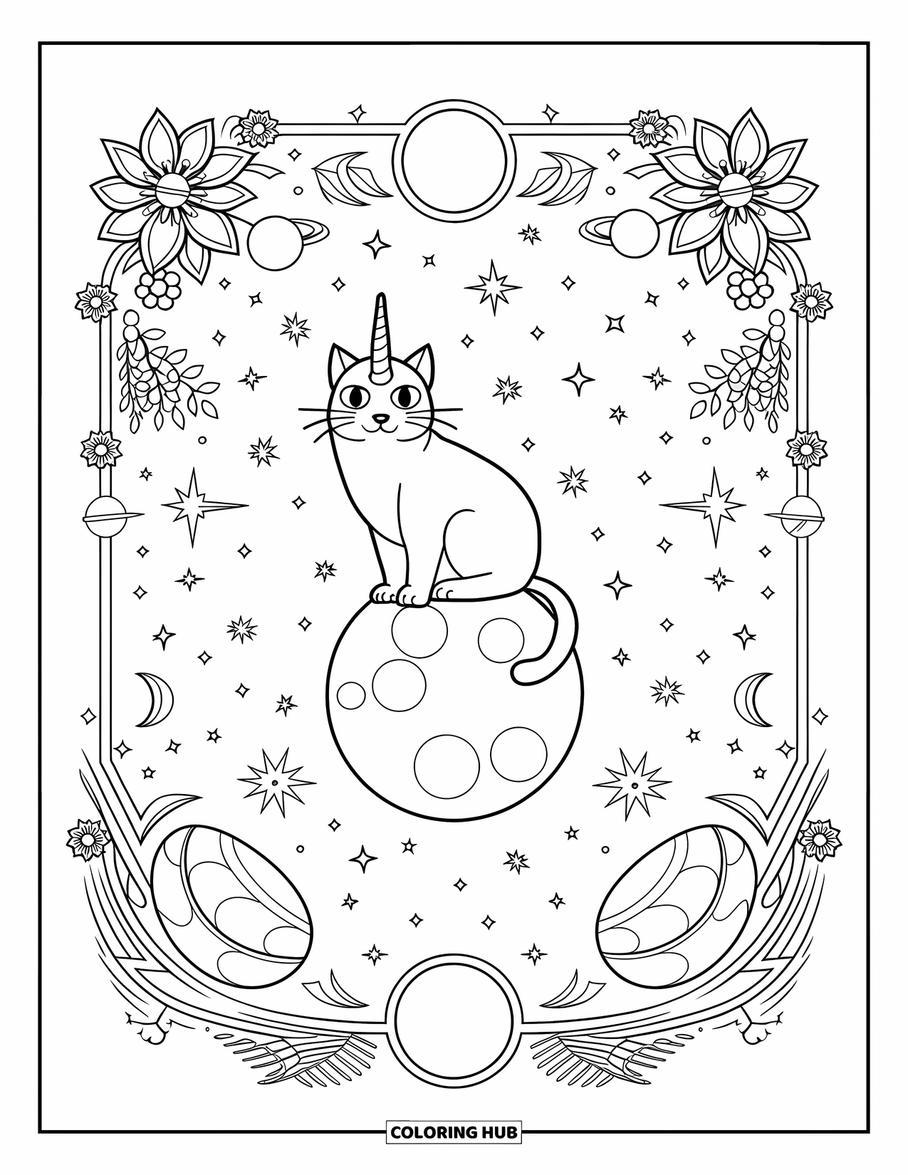 Unicorn Cat Coloring Page for Adults: Unicorn cat sits on the moon surrounded by stars, planets, and magical creatures