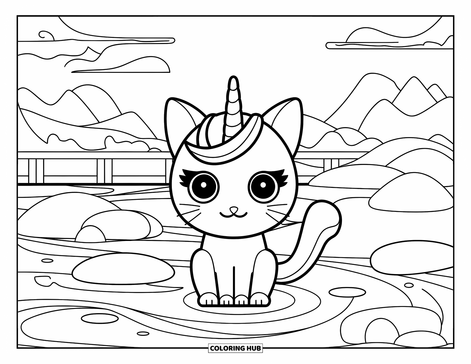 Unicorn Cat Coloring Page for Adults: Unicorn cat sits quietly in a garden with smooth stones, gentle waves, and a wooden bridge