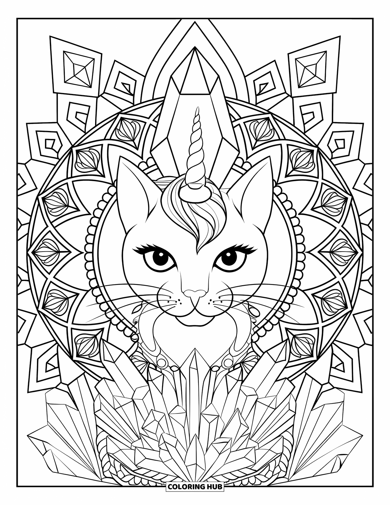 Unicorn Cat Coloring Page for Adults: Unicorn cat sits with a glowing crystal, surrounded by vines and a mandala background