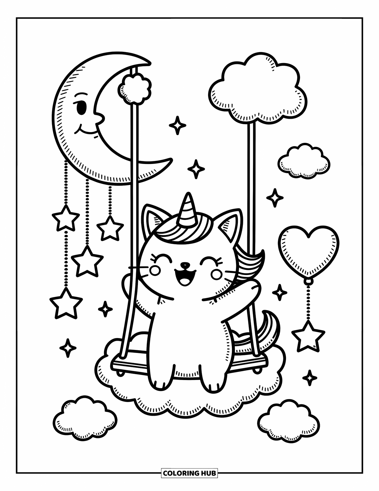 Unicorn Cat Coloring Page for Adults: Unicorn cat smiles on a cloud swing with stars dangling from the ropes