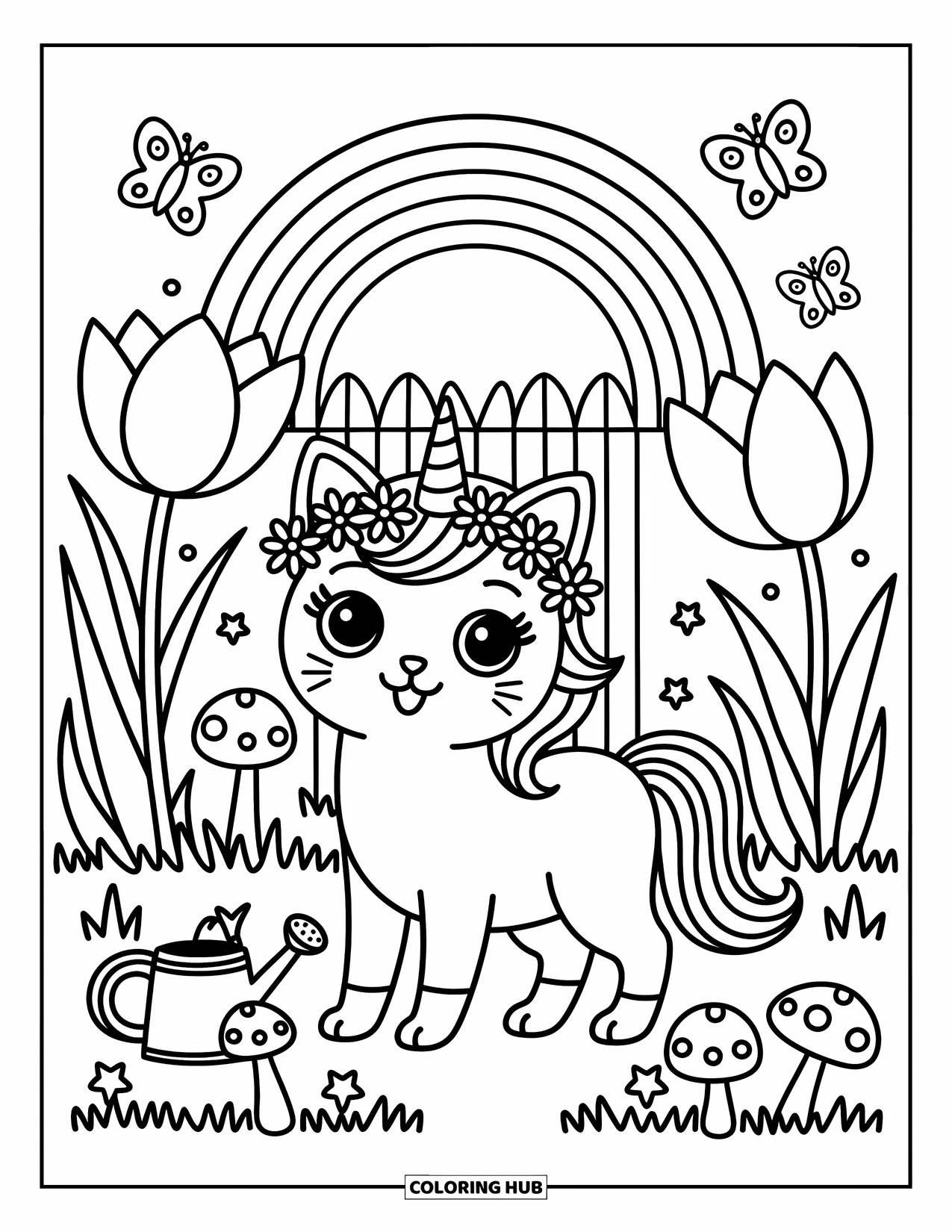 Unicorn Cat Coloring Page for Adults: Unicorn cat stands in a flower-filled garden with a watering can and butterflies nearby