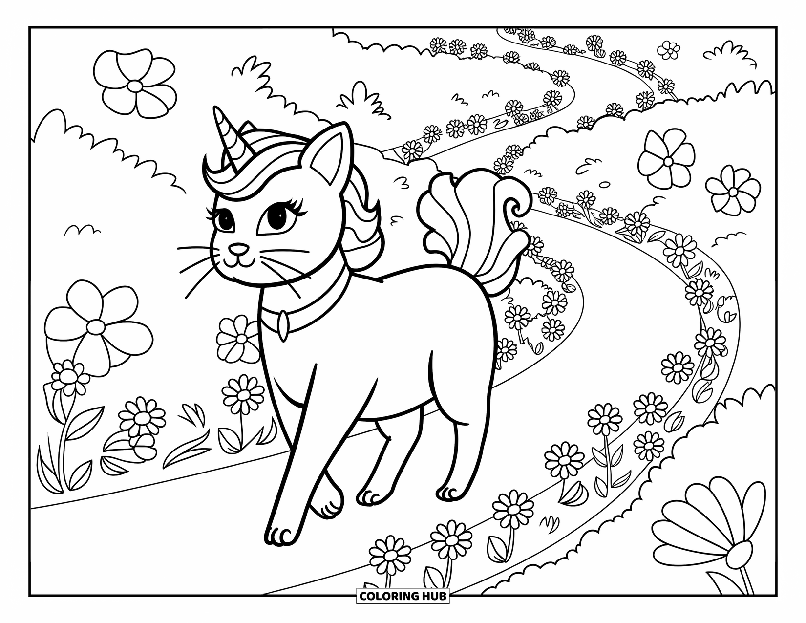 Unicorn Cat Coloring Page for Adults: Unicorn cat walks along a garden path lined with delicate flowers and winding plants