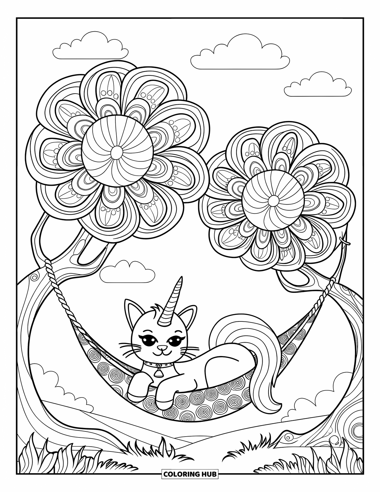 Unicorn Cat Coloring Page for Adults: Unicorn cat with a bell collar swings gently in a hammock between magical trees