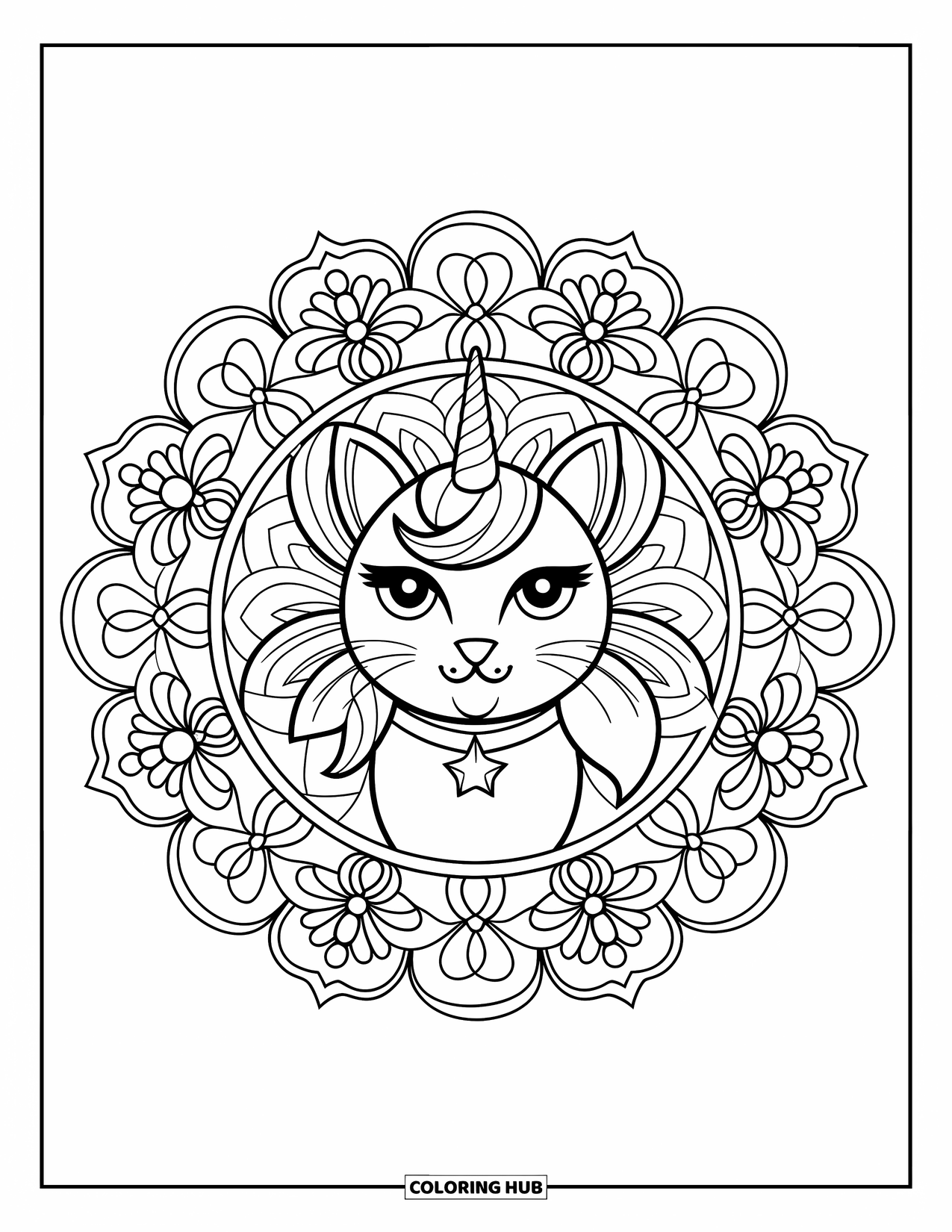 Unicorn Cat Coloring Page for Adults: Unicorn cat with a collar rests inside a starry floral mandala