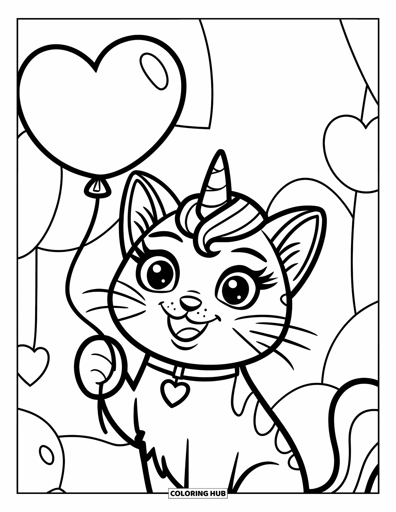 Unicorn Cat Coloring Page for Kids: Unicorn cat cheerfully holds a heart balloon with a simple, happy vibe