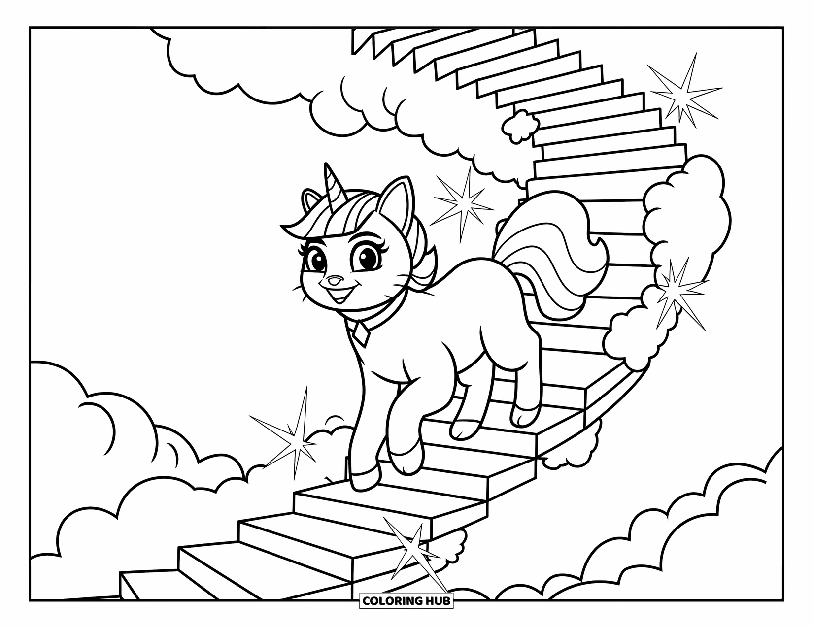 Unicorn Cat Coloring Page for Kids: Unicorn cat climbs a spiral staircase made of clouds, trailing sparkles behind