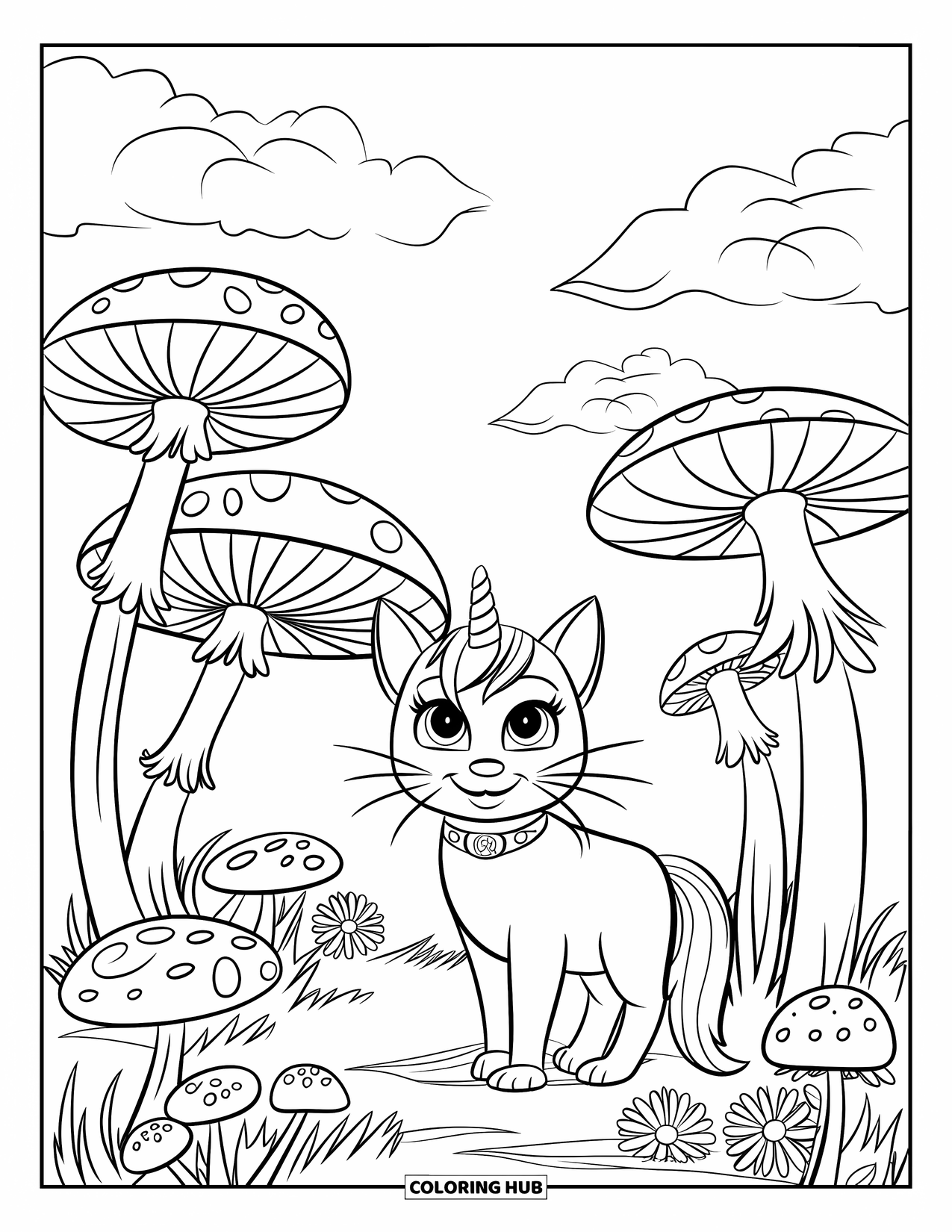 Unicorn Cat Coloring Page for Kids: Unicorn cat explores a colorful garden filled with mushrooms and tall flowers