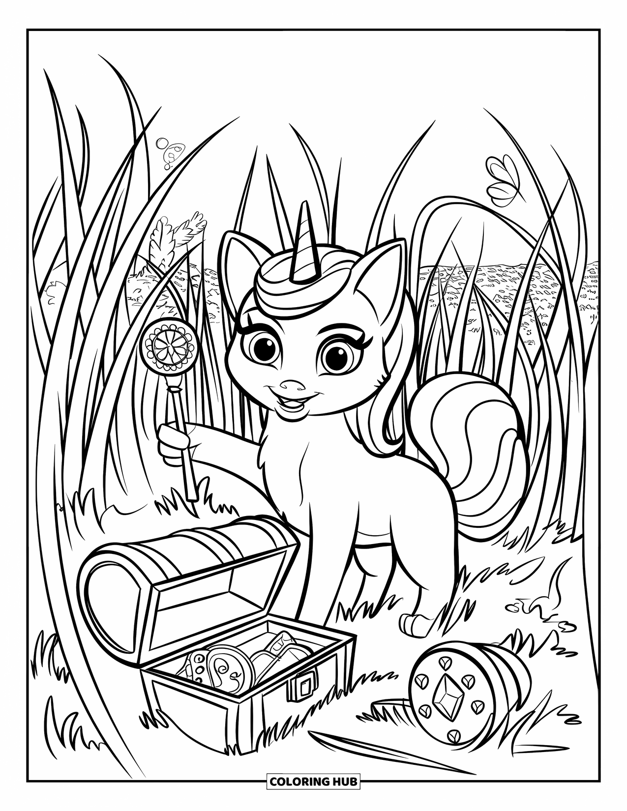 Unicorn Cat Coloring Page for Kids: Unicorn cat explores tall grass with magical treasures scattered around
