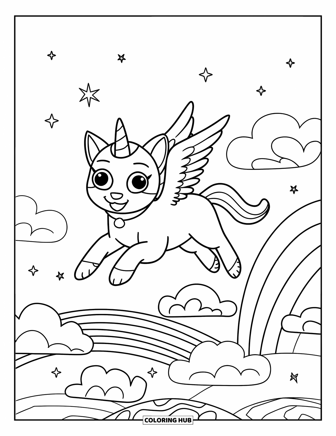 Unicorn Cat Coloring Page for Kids: Unicorn cat floats above rainbows and clouds in a dreamy, starry sky