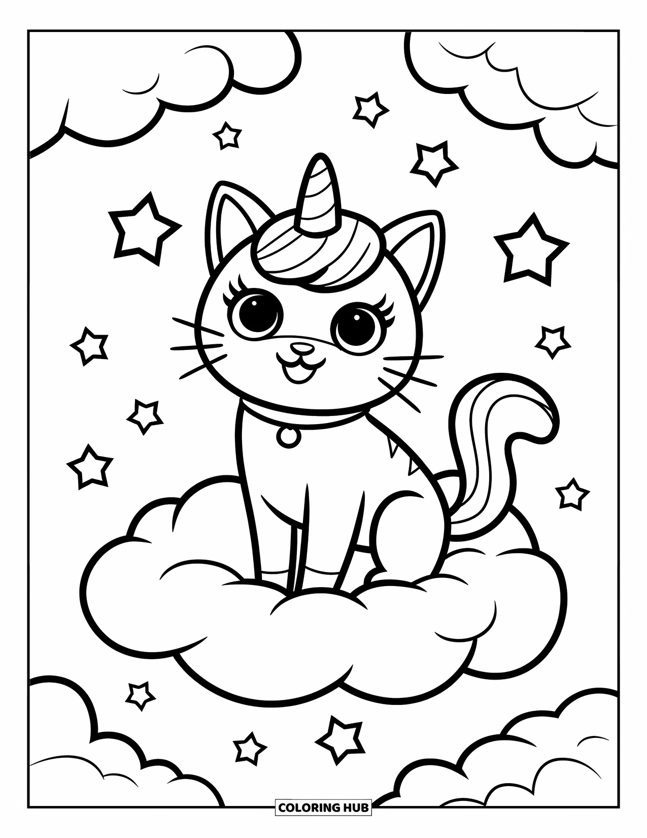 Unicorn Cat Coloring Page for Kids: Unicorn cat floats on a cotton candy cloud with stars all around