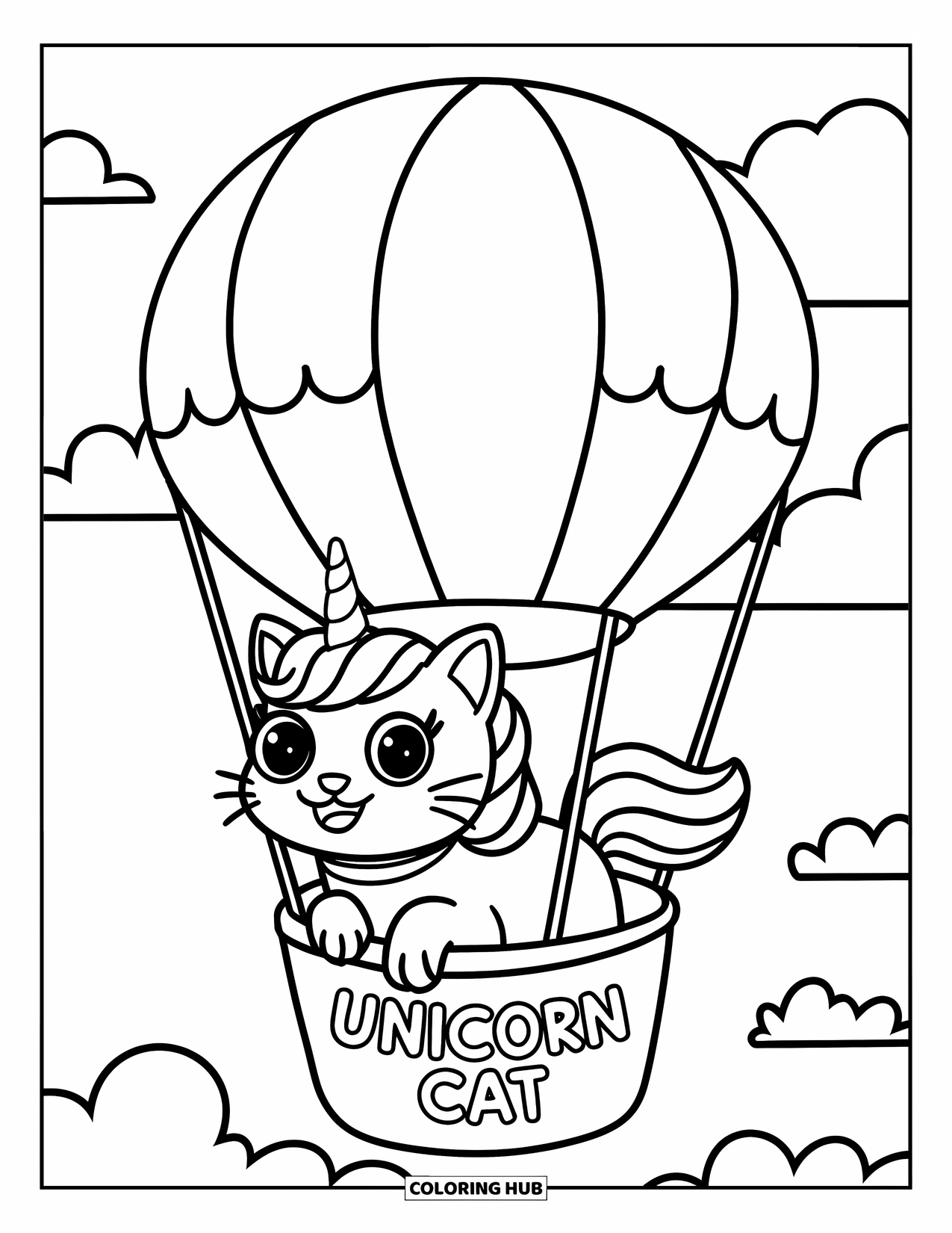Unicorn Cat Coloring Page for Kids: Unicorn cat floats peacefully in a hot air balloon through a bright sky
