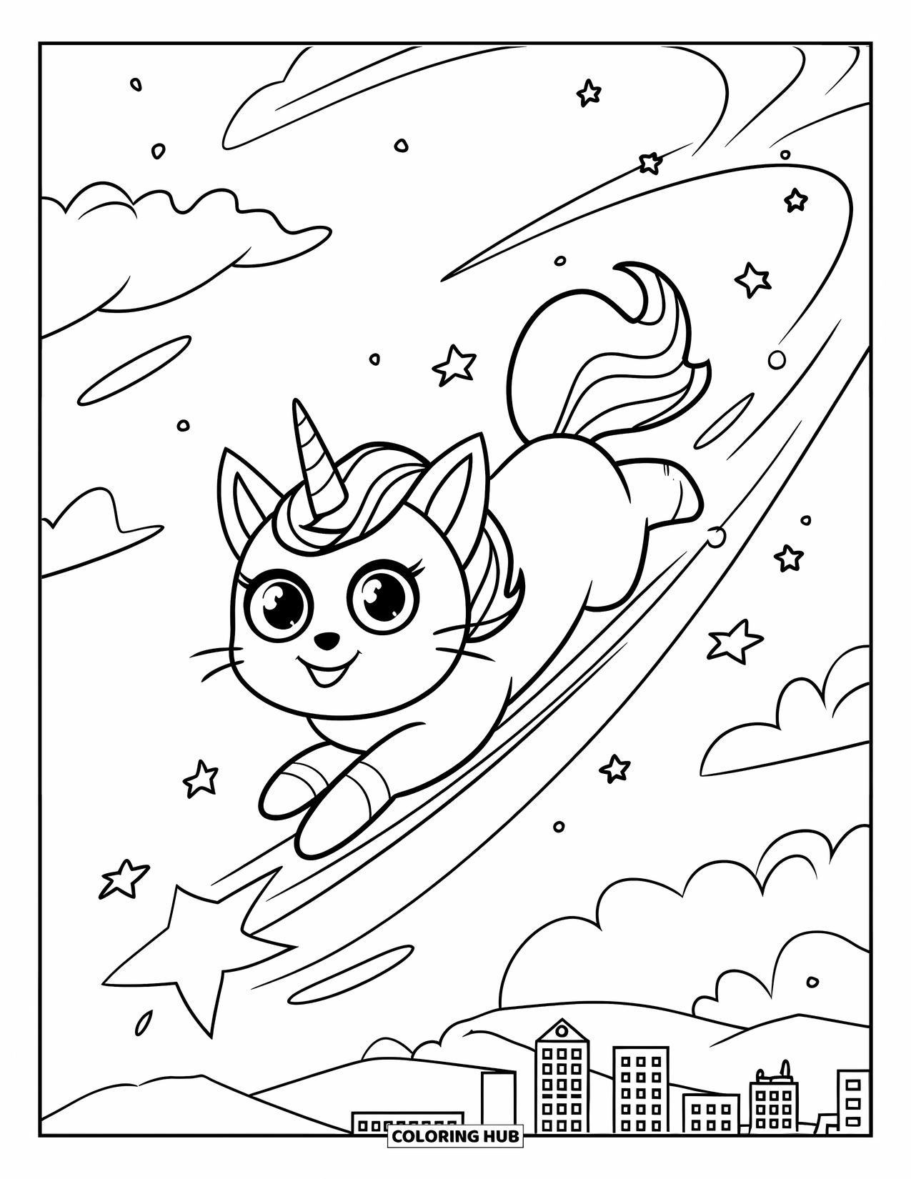 Unicorn Cat Coloring Page for Kids: Unicorn cat glides across the sky on a shooting star above clouds and a quiet city