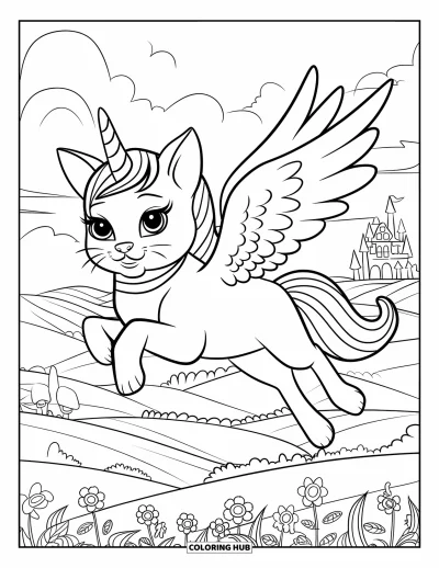 Coloriage de chats licornes pour enfants : Un chats licornes vole au-dessus des collines et des fleurs vers un château au loin