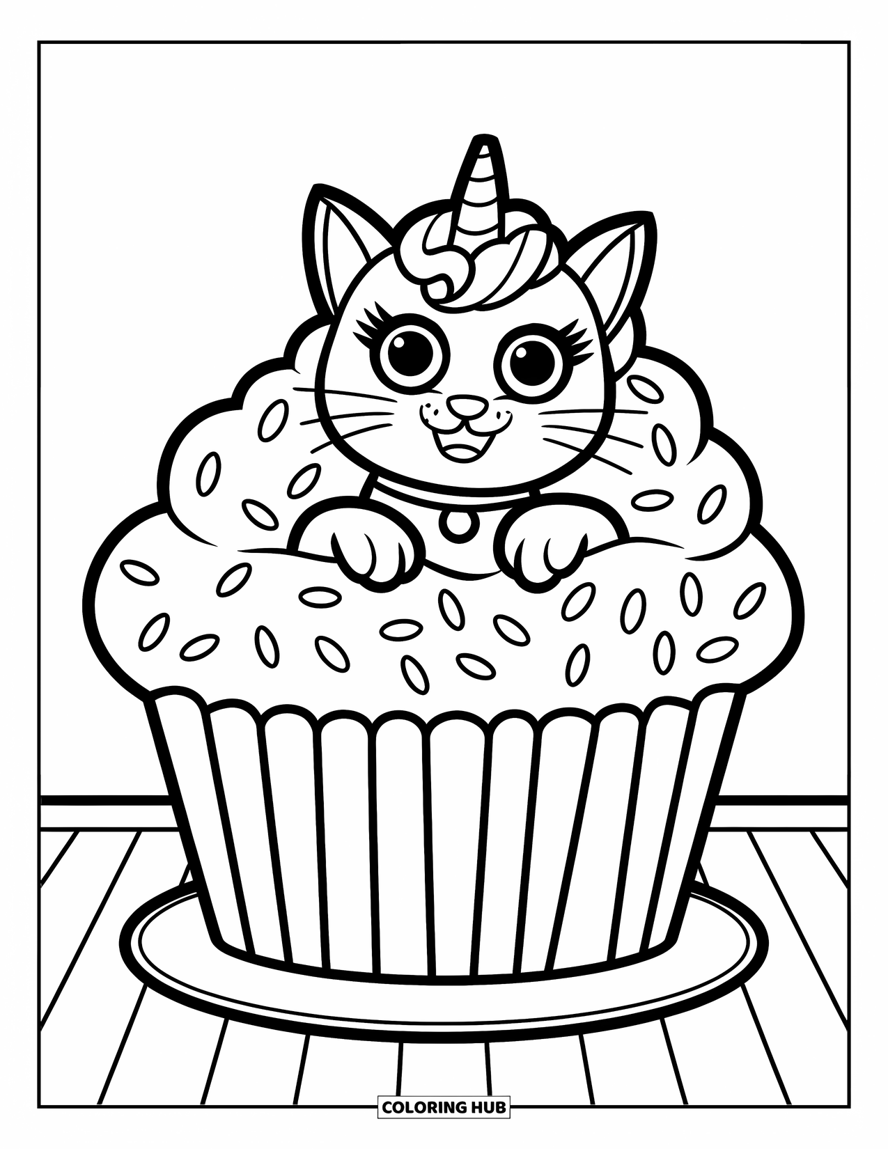 Unicorn Cat Coloring Page for Kids: Unicorn cat hides inside a sprinkle-covered cupcake with a happy little smile