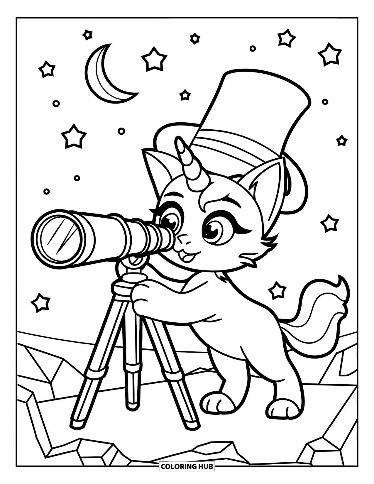 Unicorn Cat Coloring Page for Kids: Unicorn cat in a wizard hat gazes at stars under the moonlit sky
