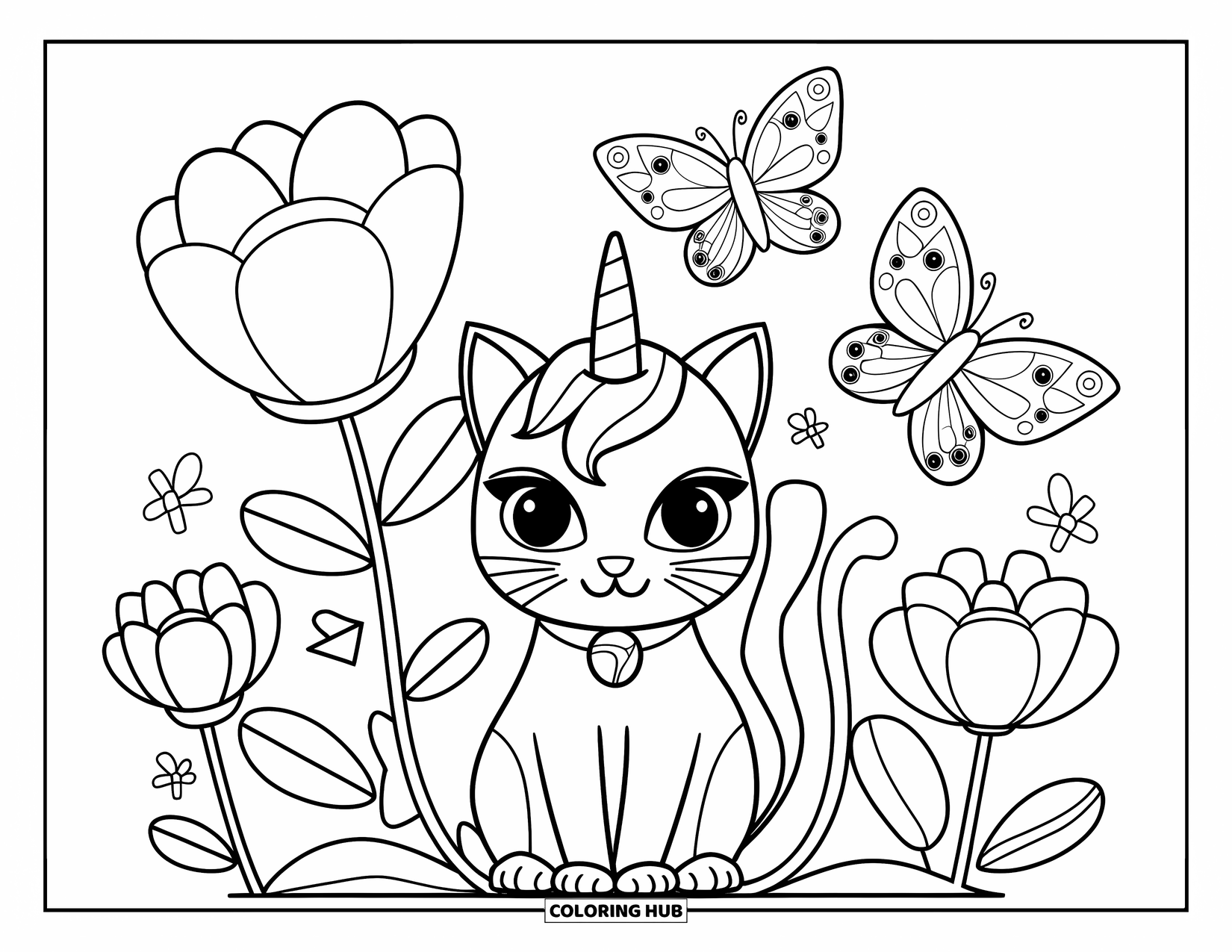 Unicorn Cat Coloring Page for Kids: Unicorn cat is surrounded by big flowers and butterflies fluttering nearby
