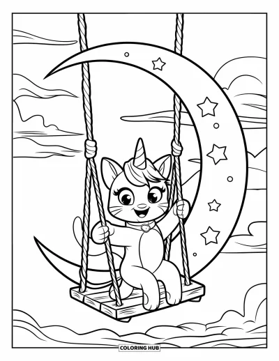 Coloriage de chats licornes pour enfants : Un chats licornes joue sur une balançoire attachée à un croissant de lune dans le ciel nocturne