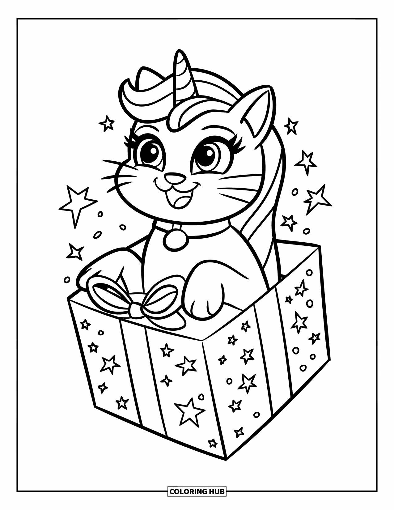 Unicorn Cat Coloring Page for Kids: Unicorn cat pops out of a floating gift box with stars shining nearby