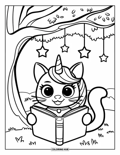 Coloriage de chats licornes pour enfants : Un chats licornes lit un livre sous un arbre avec des étoiles suspendues doucement à ses branches