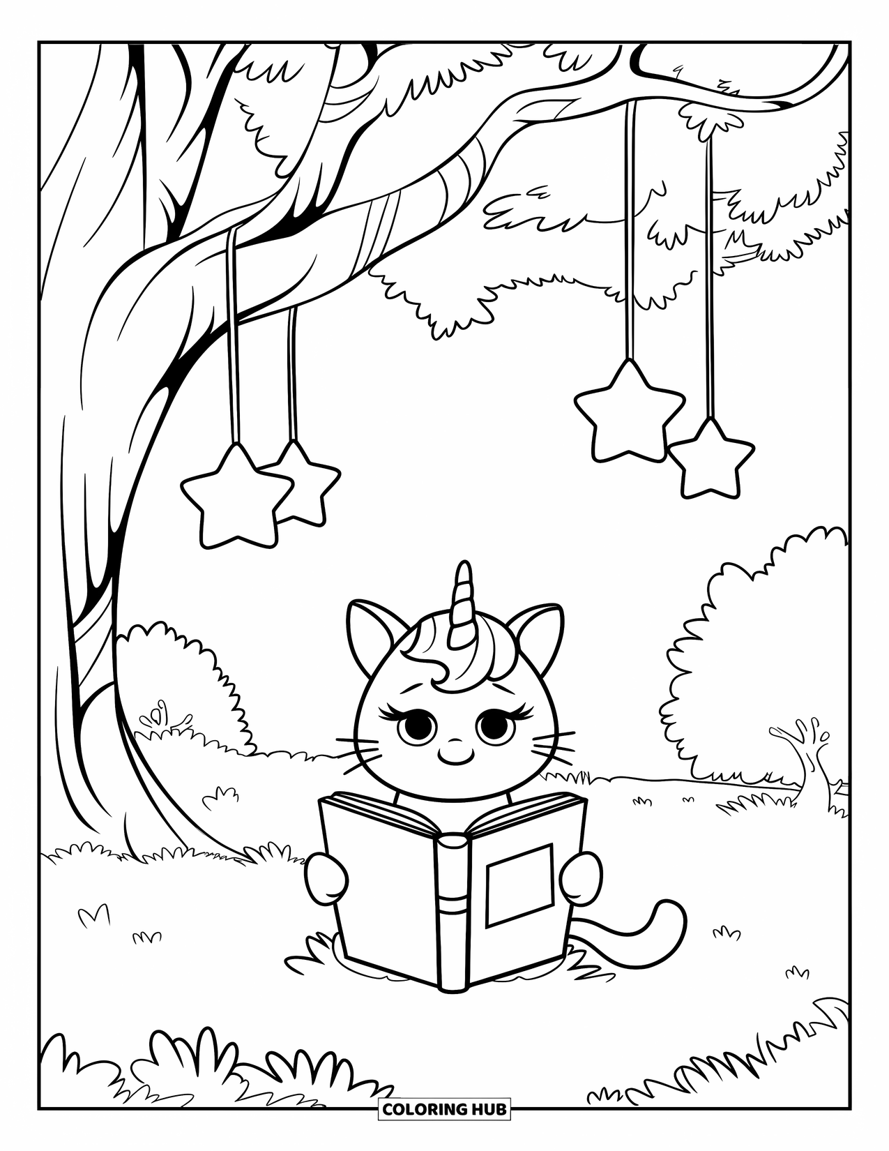 Unicorn Cat Coloring Page for Kids: Unicorn cat reads quietly under a large tree with stars swinging overhead