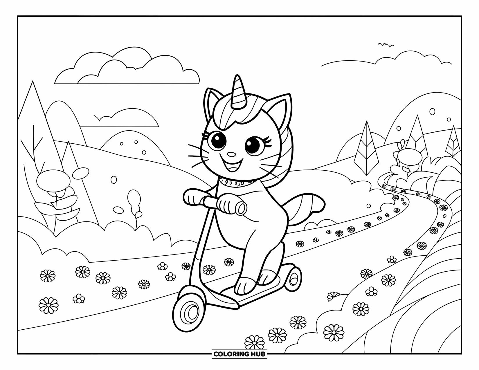 Unicorn Cat Coloring Page for Kids: Unicorn cat scoots down a flowery trail with clouds and trees around