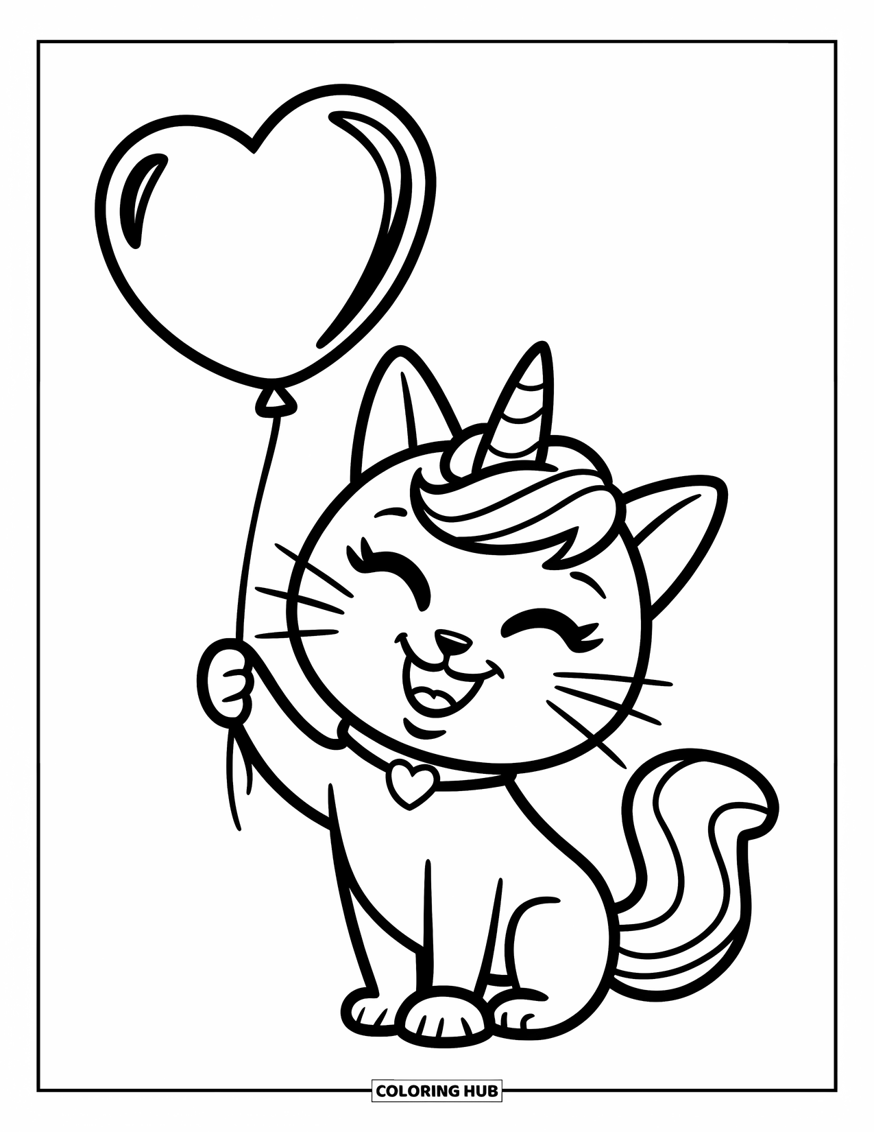 Unicorn Cat Coloring Page for Kids: Unicorn cat smiles while holding a heart balloon on a peaceful, white background