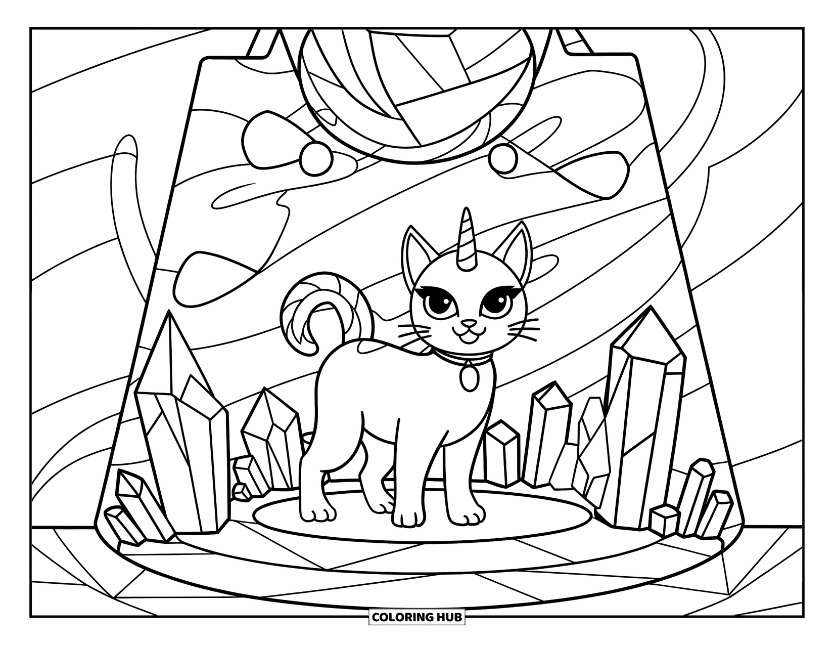 Unicorn Cat Coloring Page for Kids: Unicorn cat stands in a crystal sanctuary filled with magical swirling patterns and crystals