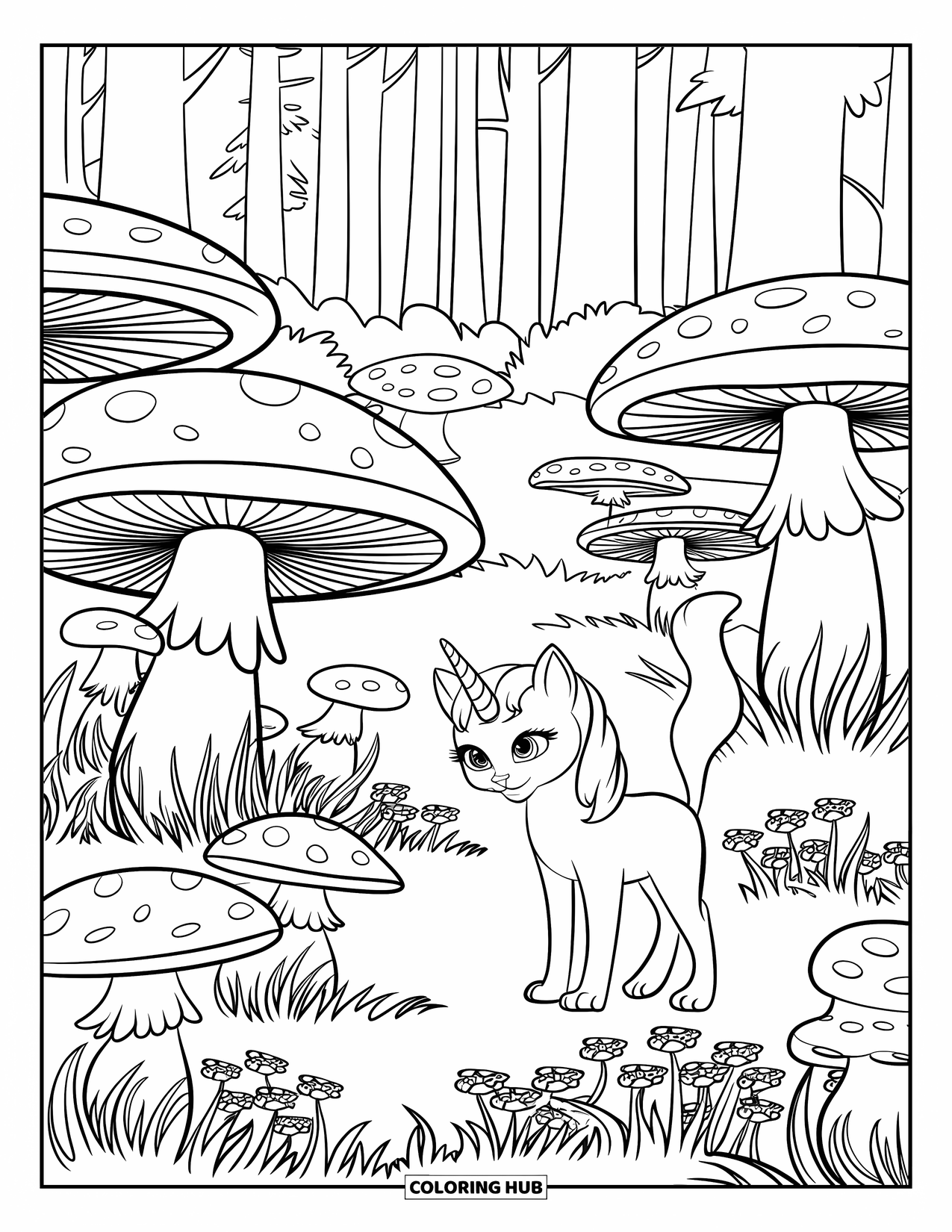 Unicorn Cat Coloring Page for Kids: Unicorn cat stands in a peaceful garden surrounded by mushrooms and trees