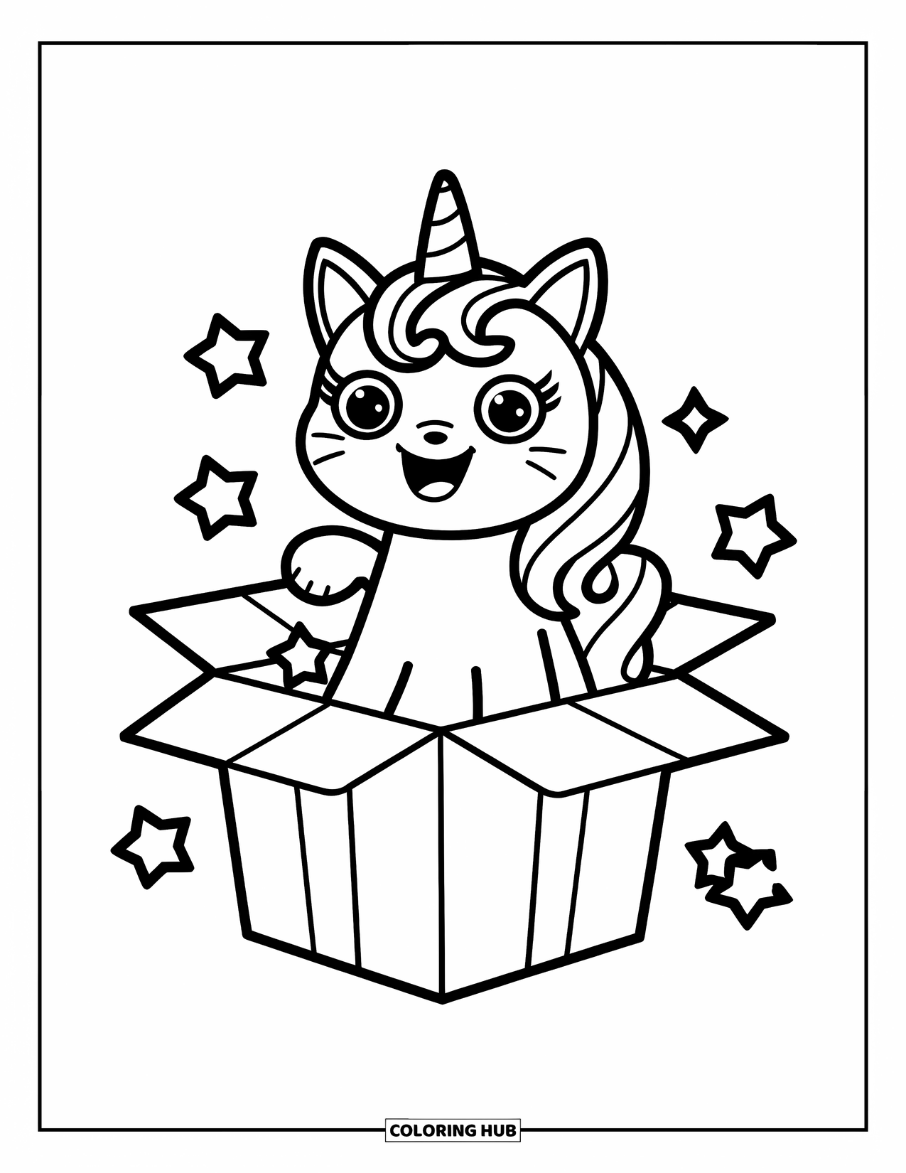 Unicorn Cat Coloring Page for Kids: Unicorn cat surprises from a starry gift box with a big smile