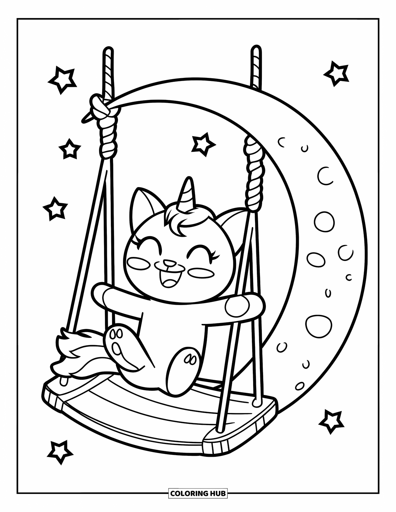 Unicorn Cat Coloring Page for Kids: Unicorn cat swings from a moonlit rope seat, surrounded by soft stars