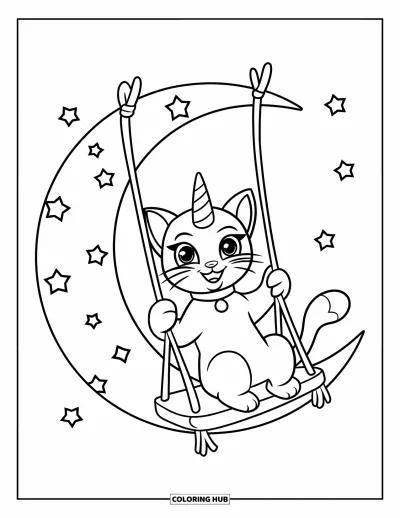 Coloriage de chats licornes pour enfants : Un chats licornes se balance joyeusement depuis une lune dans un ciel rempli d'étoiles